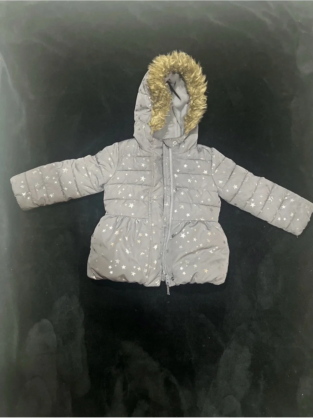 The Children's Place Gray Star-Print Puffer Coat with Faux-Fur Hood